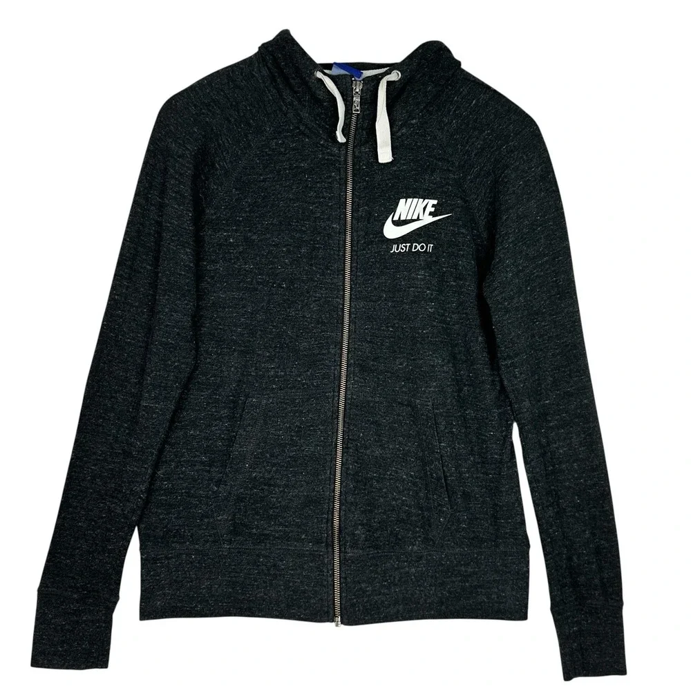 Nike Just Do It Zip Hoodie Womens Medium Black Athletic Full Zip Sweatshirt Logo